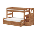 Natural wood twin-over-full bunk bed with built-in stair storage, under-bed drawers and white mattresses