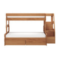 Natural wood bunk bed with staircase and built-in storage drawers, white mattresses, minimalist space-saving design