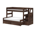 Dark walnut twin-over-full wooden bunk bed with built-in staircase storage drawers, space-saving kids' bedroom platform bed
