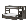 Dark gray wooden twin-over-full loft bunk bed with built-in staircase, under-bed storage drawers and guardrails — space-saving kids bedroom furniture