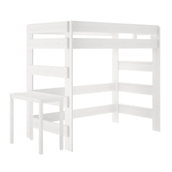White wooden loft bed frame with integrated ladder and desk for space-saving bedroom design.