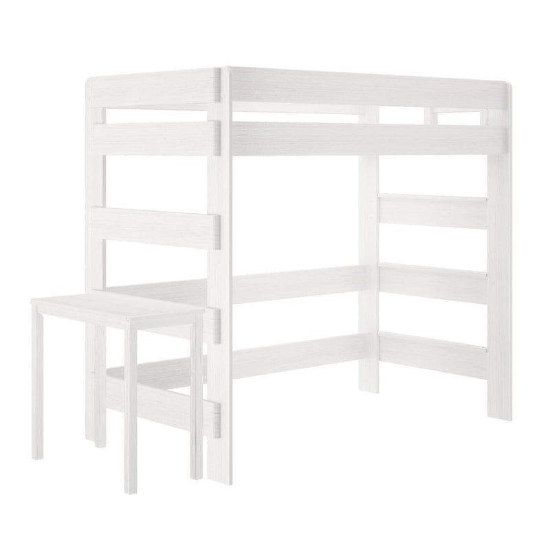 White wooden loft bed frame with integrated ladder and desk for space-saving bedroom design.