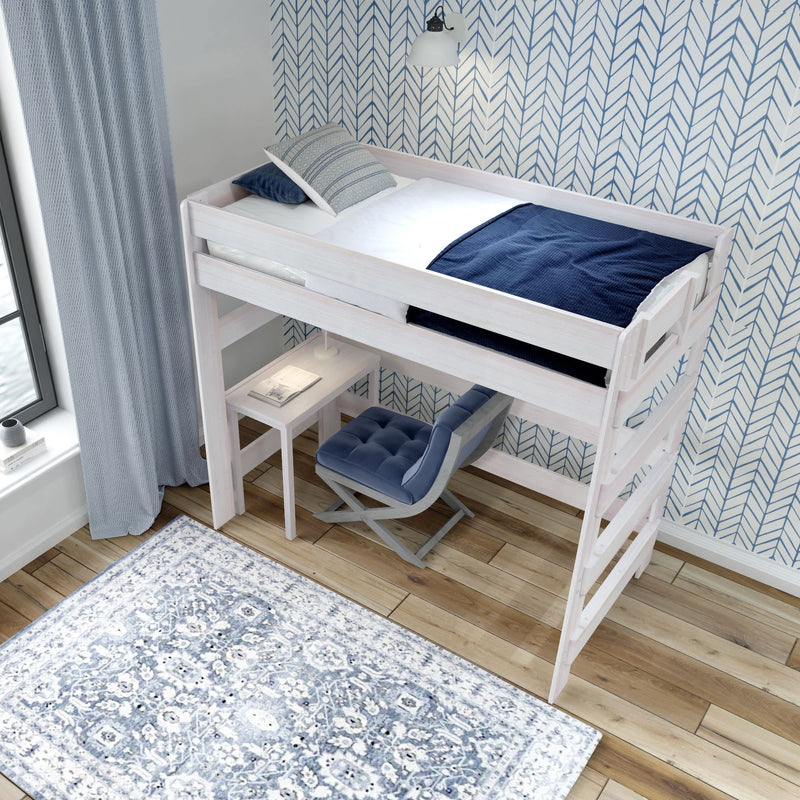 Loft bed with desk and chair in modern bedroom featuring blue and white decor.