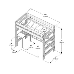 Assembly diagram of a wooden twin loft bed with built-in ladder and under-desk workspace, labeled dimensions 80 x 43 x 70 inches (203 x 110 x 178 cm) overall, 55 in (140 cm) under-bed clearance, 31 in (78 cm) desk depth, and 13 in (33 cm) guardrail height