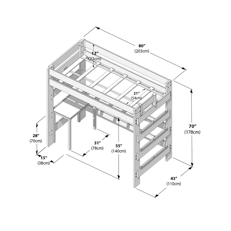 Assembly diagram of a wooden twin loft bed with built-in ladder and under-desk workspace, labeled dimensions 80 x 43 x 70 inches (203 x 110 x 178 cm) overall, 55 in (140 cm) under-bed clearance, 31 in (78 cm) desk depth, and 13 in (33 cm) guardrail height