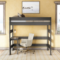 Modern gray wooden loft bed with built-in desk and cream swivel chair in bright yellow home office nook