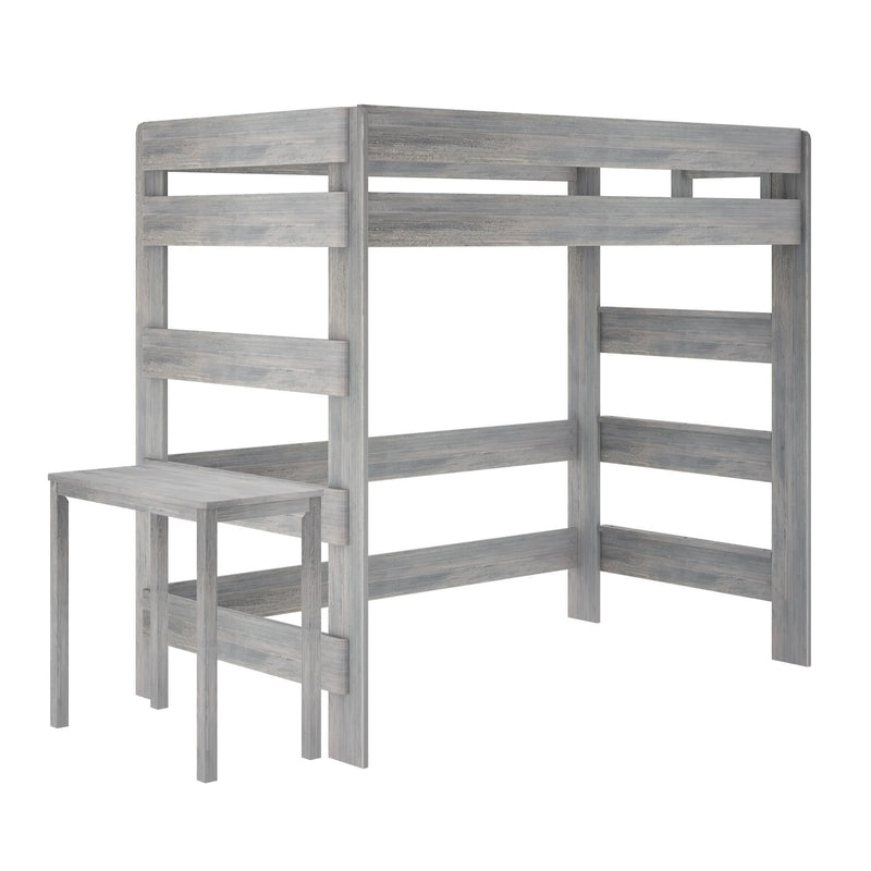 Gray wooden loft bed with integrated desk, ideal space-saving solution for small bedrooms.