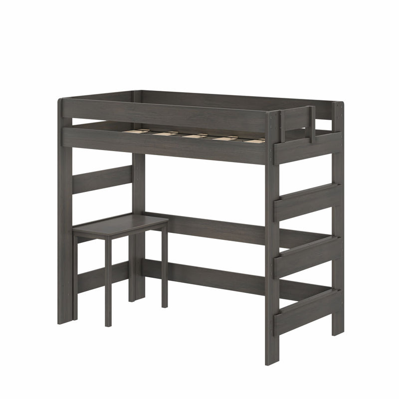 Grey wooden loft bed with built-in desk and stool, integrated ladder and guardrails — space-saving twin loft bed for kids, teens or small bedrooms, modern minimalist design
