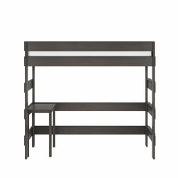 Space-saving dark gray wood loft bed with built-in desk and ladder, modern elevated bed frame for small bedrooms and studio apartments