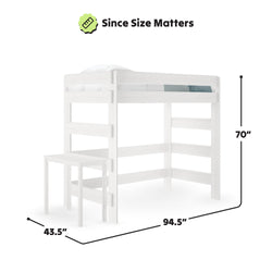 White wooden loft bed with desk, dimensions 70 inches tall, 94.5 inches long, and 43.5 inches wide.