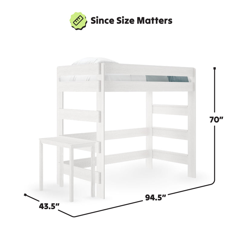 White wooden loft bed with desk, dimensions 70 inches tall, 94.5 inches long, and 43.5 inches wide.
