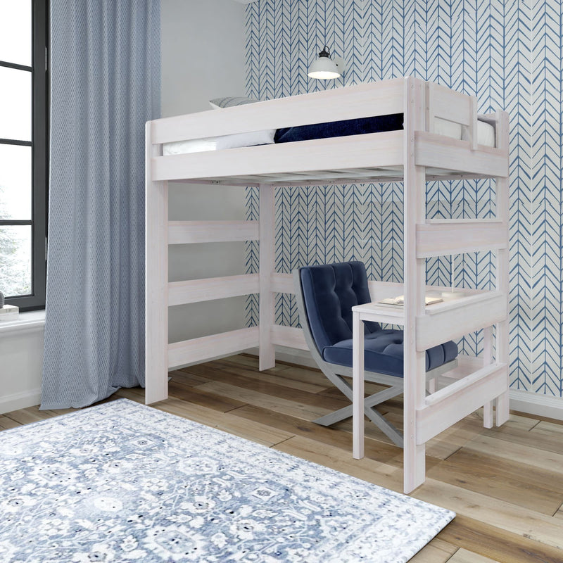 Loft bed with desk and chair in a modern room featuring blue geometric wallpaper and a patterned rug.