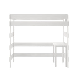 White loft bed with included desk and chairs against a white background.