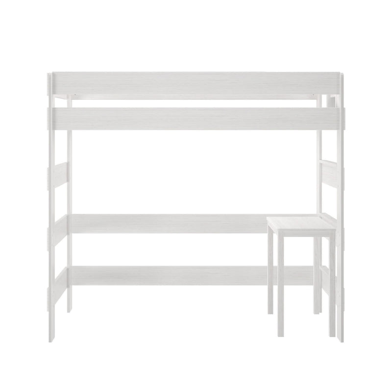 White loft bed with included desk and chairs against a white background.