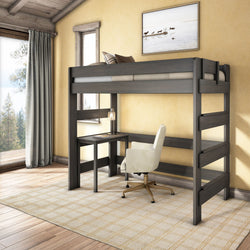 Modern gray wood twin loft bed with built-in desk and swivel office chair underneath in sunlit bedroom with window, curtains, rug, and wall art