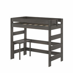 Gray wooden loft bed with built-in desk and ladder, twin space-saving bed frame for kids and teens