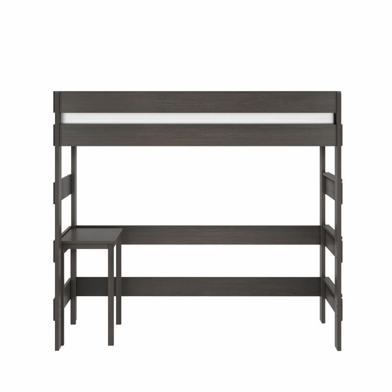 Dark gray wood twin loft bed with built-in desk and side ladder, space-saving high bed for kids and teens in small bedrooms