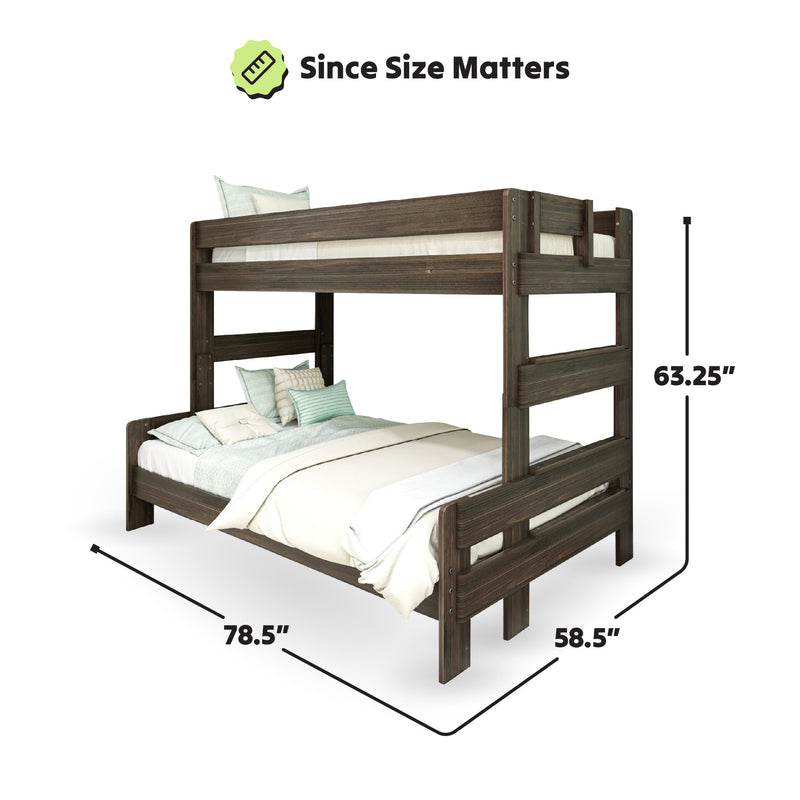 Dark wood twin over full bunk bed with dimensions, ideal for space-saving bedroom solutions.