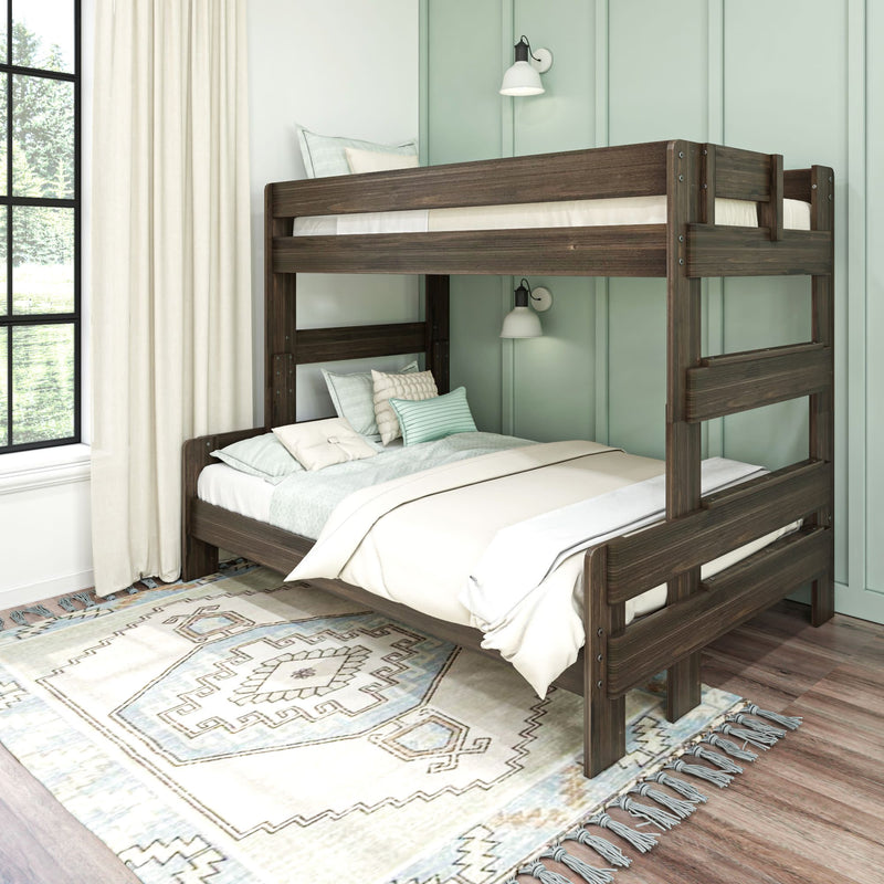Wooden bunk bed with comfortable bedding in a modern bedroom with soft lighting and large window for natural light.