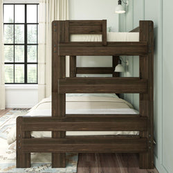 Rustic wooden bunk bed in a cozy bedroom setting with large window and natural light.