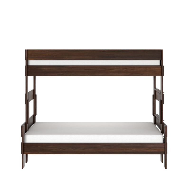 Modern dark walnut wooden bunk bed with white mattresses, space-saving twin-over-twin design for kids' bedrooms and guest rooms
