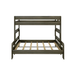 Wooden bunk bed frame with a modern design and ladder, perfect for maximizing space in bedrooms.