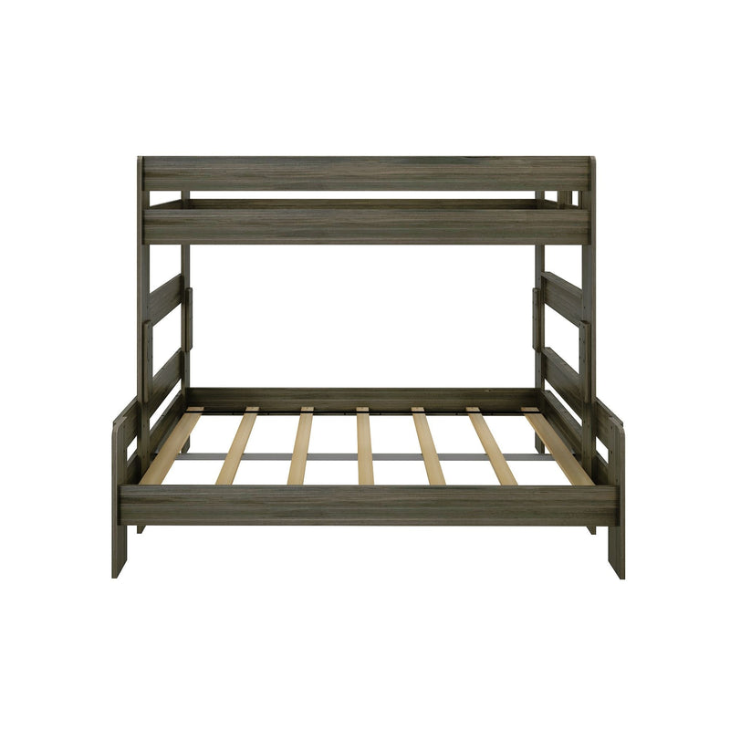 Wooden bunk bed frame with a modern design and ladder, perfect for maximizing space in bedrooms.