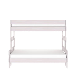 White wooden bunk bed frame with built-in ladder and safety guard rails, modern minimalist loft-style bunk bed product photo on white background