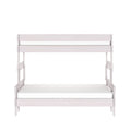 White wooden bunk bed frame with built-in ladder and safety guard rails, modern minimalist loft-style bunk bed product photo on white background