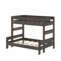 Dark gray solid wood bunk bed frame with slatted platforms and ladder-style rails, space-saving design ideal for kids' or guest bedroom