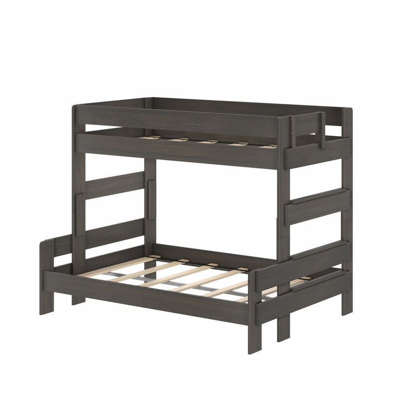 Dark gray solid wood bunk bed frame with slatted platforms and ladder-style rails, space-saving design ideal for kids' or guest bedroom