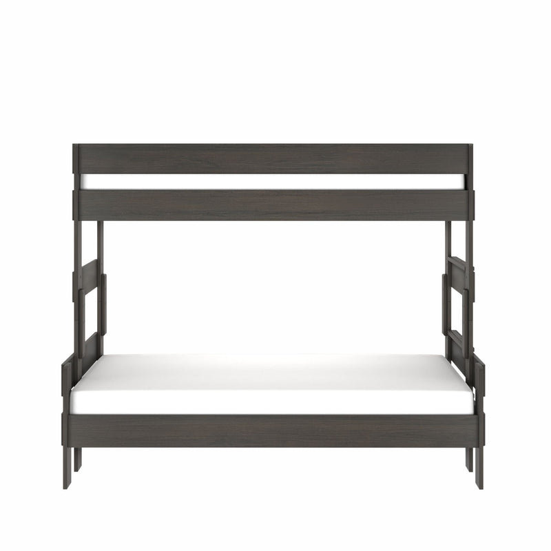 Modern dark gray wooden bunk bed frame, two-tier space-saving design with top safety rail and lower mattress platform for kids' bedroom