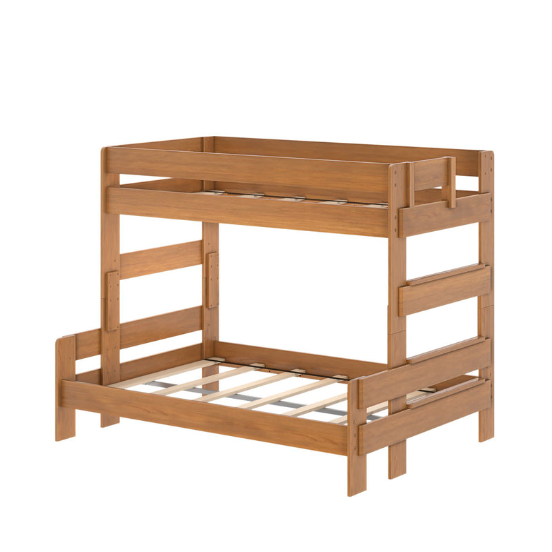 Solid wood twin-over-full bunk bed in warm natural finish with safety rails, integrated ladder and slatted mattress supports — modern space-saving design