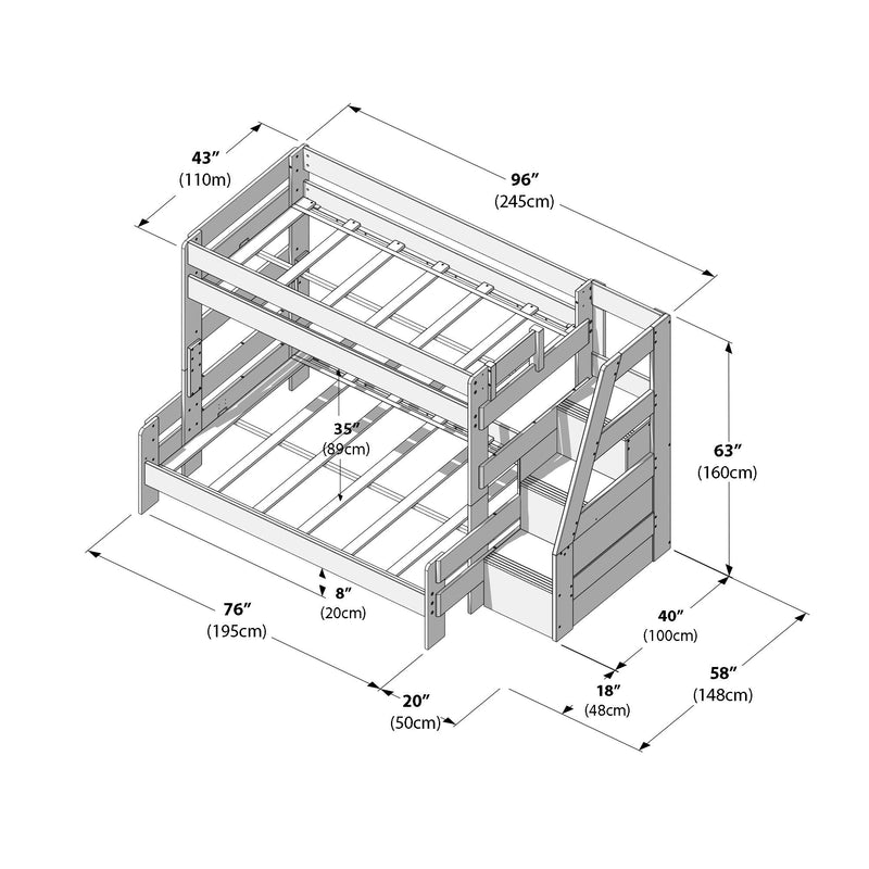 Isometric assembly diagram of a twin-over-full bunk bed with storage stairs, built-in drawers and pull-out trundle, detailed dimensions in inches and centimeters for room planning and furniture layout