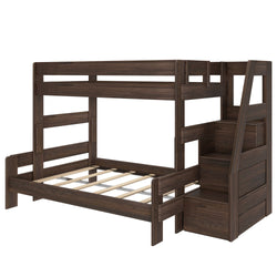 Dark brown wood twin-over-full bunk bed with built-in staircase and under-stair storage drawers, space-saving kids' bedroom furniture