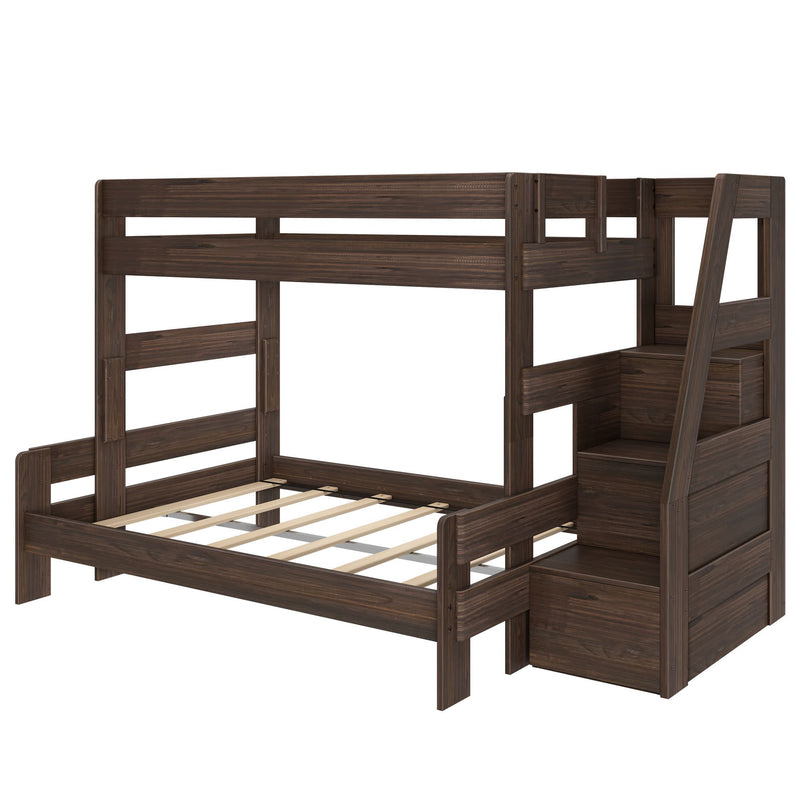 Dark brown wood twin-over-full bunk bed with built-in staircase and under-stair storage drawers, space-saving kids' bedroom furniture