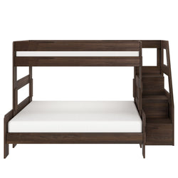 Dark brown wooden twin-over-full bunk bed with built-in storage staircase, modern space-saving kids bedroom furniture