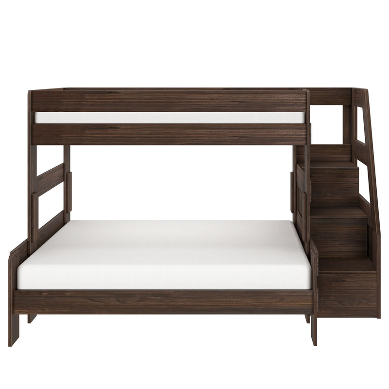 Dark brown wooden twin-over-full bunk bed with built-in storage staircase, modern space-saving kids bedroom furniture