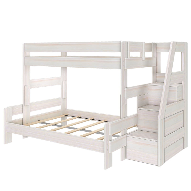 Whitewashed wooden bunk bed with built-in staircase storage and slatted lower platform, space-saving kids bedroom furniture