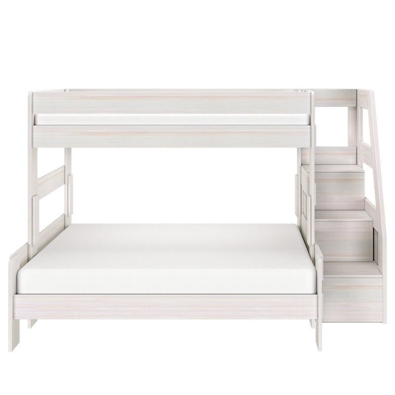 Whitewashed wooden twin-over-full bunk bed with built-in storage stairs and drawers, space-saving kids' bedroom furniture