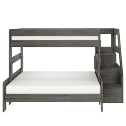 Modern gray wood twin-over-full bunk bed with right-side staircase and integrated storage drawers, space-saving kids' bedroom furniture on white background