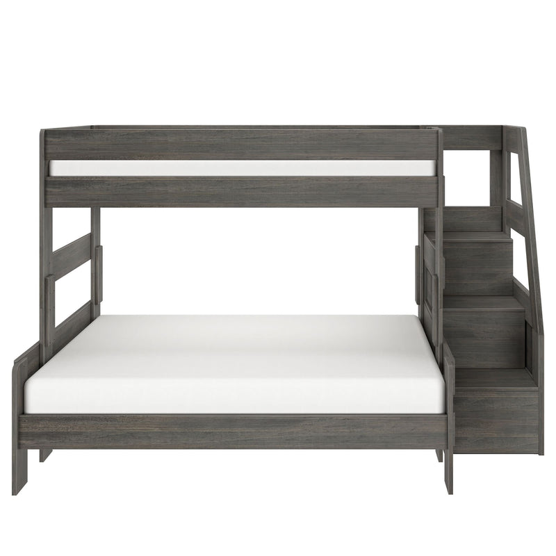 Modern gray wood twin-over-full bunk bed with right-side staircase and integrated storage drawers, space-saving kids' bedroom furniture on white background