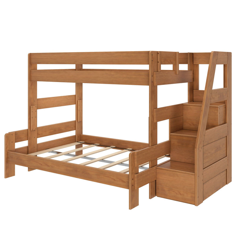 Solid wood twin-over-full bunk bed with built-in staircase and storage drawers, honey oak finish, slatted frames, space-saving kids and teen bedroom furniture