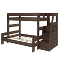 Dark walnut wooden bunk bed with staircase storage and drawers, twin-over-full space-saving bed frame for kids and teens