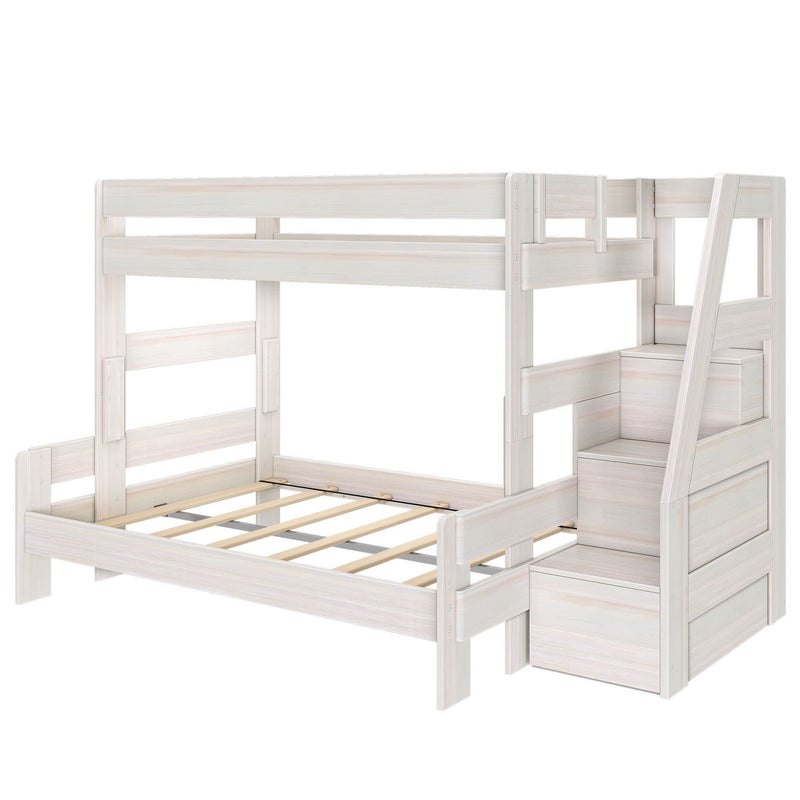 White wooden kids bunk bed (twin-over-full) with built-in storage staircase, guardrails, and slatted lower bed frame for space-saving bedrooms