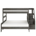 Modern gray wooden twin-over-full bunk bed with built-in staircase storage and sturdy platform frame for kids and teens