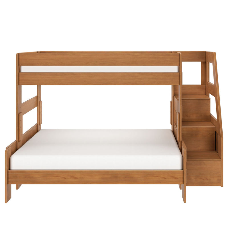 Twin-over-full wooden bunk bed with built-in staircase storage in warm oak finish, space-saving kids bedroom furniture with white mattresses