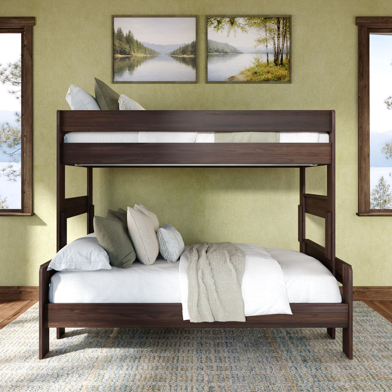 Dark walnut wooden bunk bed in a cozy modern bedroom with layered white and green bedding, area rug, and lake landscape wall art, space-saving design