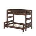 Dark walnut wooden twin-over-full bunk bed with slatted mattress bases and integrated ladder, space-saving solid wood frame for kids or guest bedroom