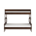 Modern dark walnut wooden twin-over-twin bunk bed with white mattresses, minimalist ladder and safety rails — space-saving bedroom furniture for kids, teens, or guest rooms